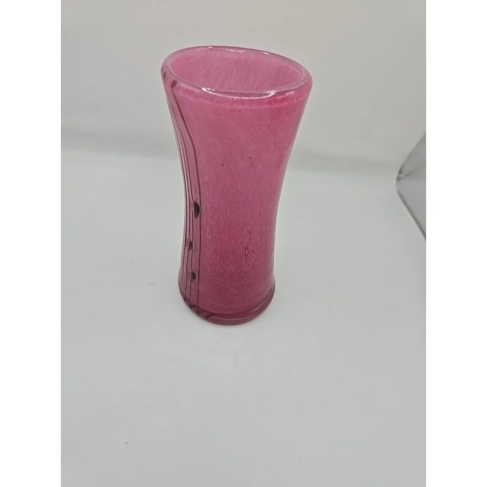 Hand Blown Art Glass Mottled Pink Vase w/ Textured Lines & Dots Applied